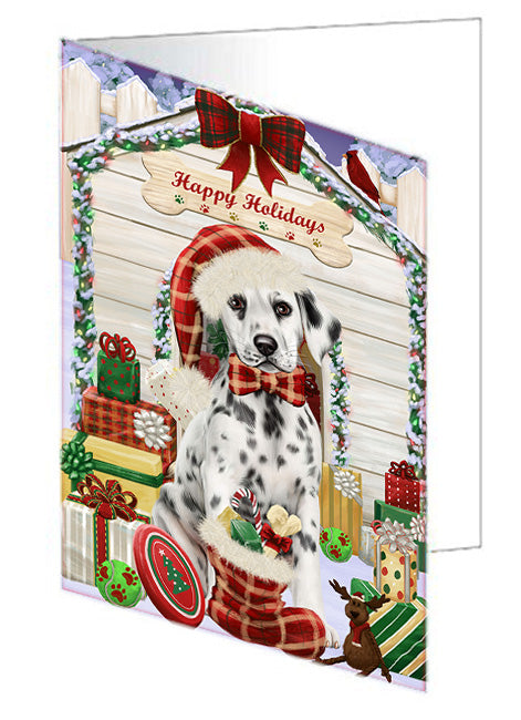 Happy Holidays Christmas Dalmatian Dog House with Presents Handmade Artwork Assorted Pets Greeting Cards and Note Cards with Envelopes for All Occasions and Holiday Seasons GCD58247