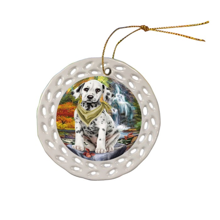 Scenic Waterfall Dalmatian Dog Ceramic Doily Ornament DPOR51874