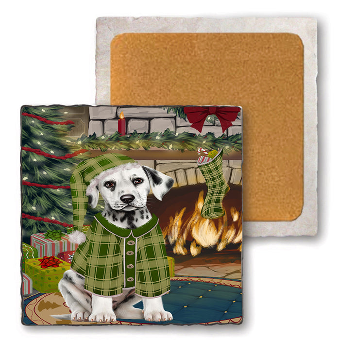 The Stocking was Hung Dalmatian Dog Set of 4 Natural Stone Marble Tile Coasters MCST50299