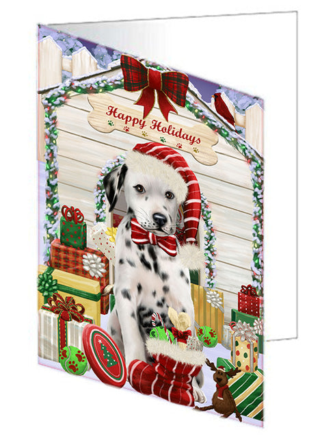 Happy Holidays Christmas Dalmatian Dog House with Presents Handmade Artwork Assorted Pets Greeting Cards and Note Cards with Envelopes for All Occasions and Holiday Seasons GCD58250
