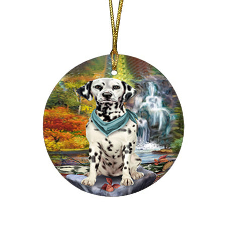 Scenic Waterfall Dalmatian Dog Round Flat Christmas Ornament RFPOR51868