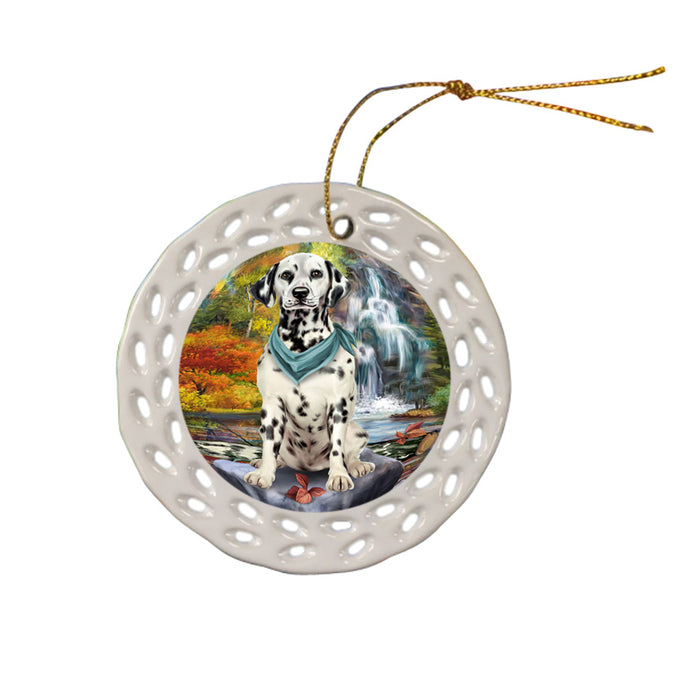Scenic Waterfall Dalmatian Dog Ceramic Doily Ornament DPOR51877
