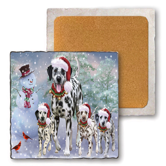 Christmas Running Family Dalmatian Dogs Set of 4 Natural Stone Marble Tile Coasters MCST52131