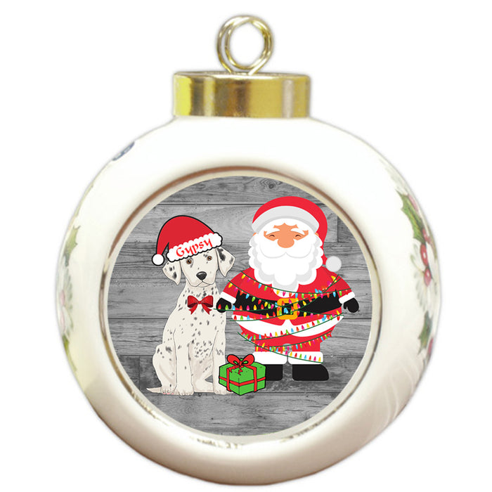 Custom Personalized Dalmatian Dog With Santa Wrapped in Light Christmas Round Ball Ornament