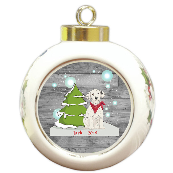 Custom Personalized Winter Scenic Tree and Presents Dalmatian Dog Christmas Round Ball Ornament