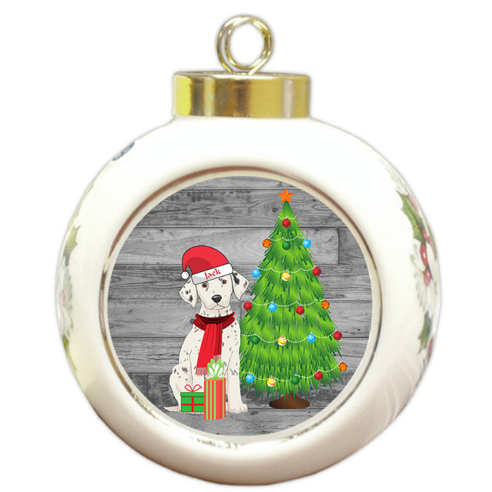 Custom Personalized Dalmatian Dog With Tree and Presents Christmas Round Ball Ornament