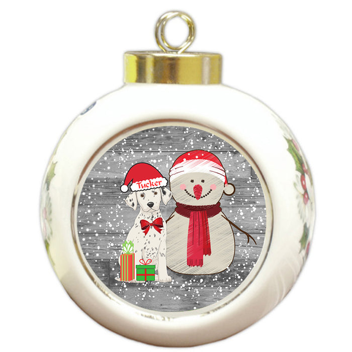 Custom Personalized Snowy Snowman and Dalmatian Dog Christmas Round Ball Ornament