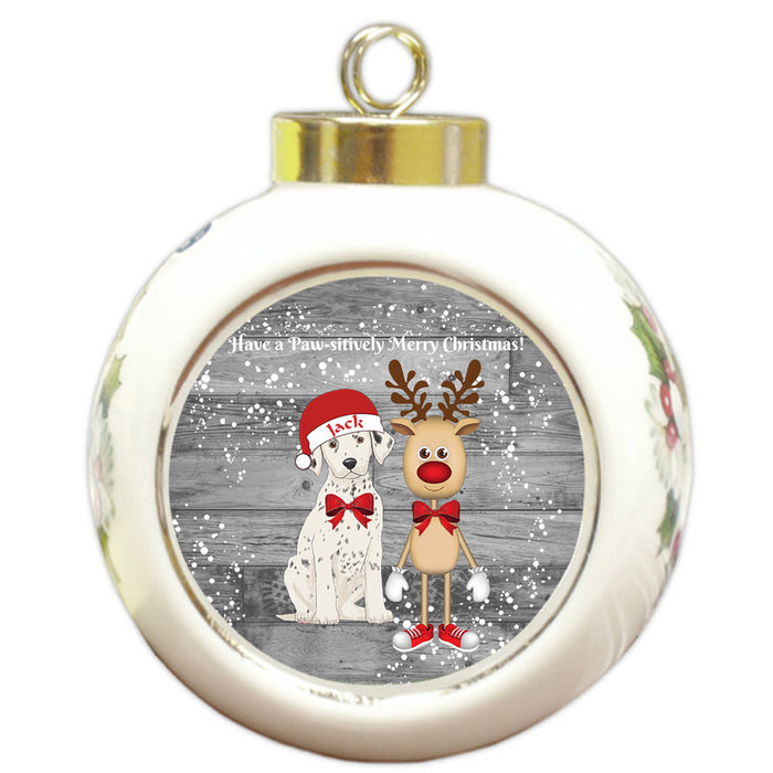 Custom Personalized Dalmatian Dog Reindeer and Pooch Christmas Round Ball Ornament