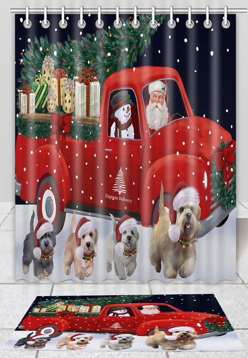 Christmas Express Delivery Red Truck Running Dandie Dinmont Terrier Dogs Bath Mat and Shower Curtain Combo