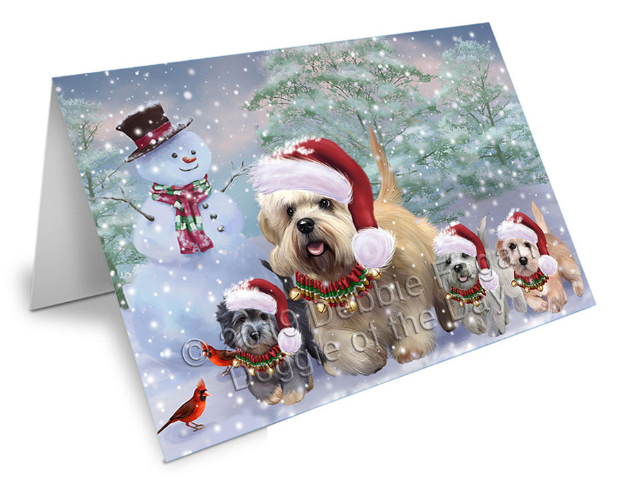 Christmas Running Family Dandie Dinmont Terrier Dogs Handmade Artwork Assorted Pets Greeting Cards and Note Cards with Envelopes for All Occasions and Holiday Seasons