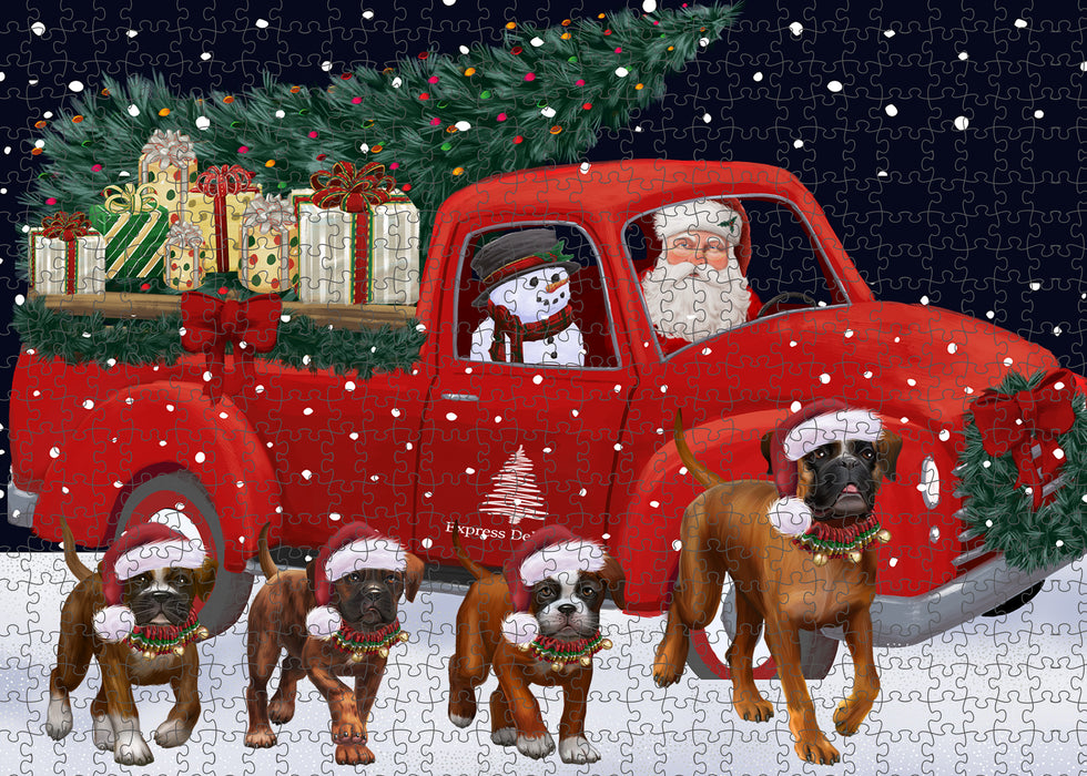 Christmas Express Delivery Red Truck Running Boxer Dogs Puzzle with Photo Tin PUZL99684