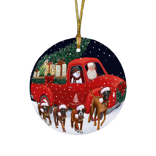 Christmas Express Delivery Red Truck Running Boxer Dogs Round Flat Christmas Ornament RFPOR57746