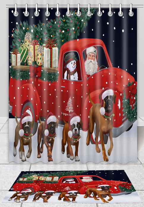 Christmas Express Delivery Red Truck Running Boxer Dogs Bath Mat and Shower Curtain Combo