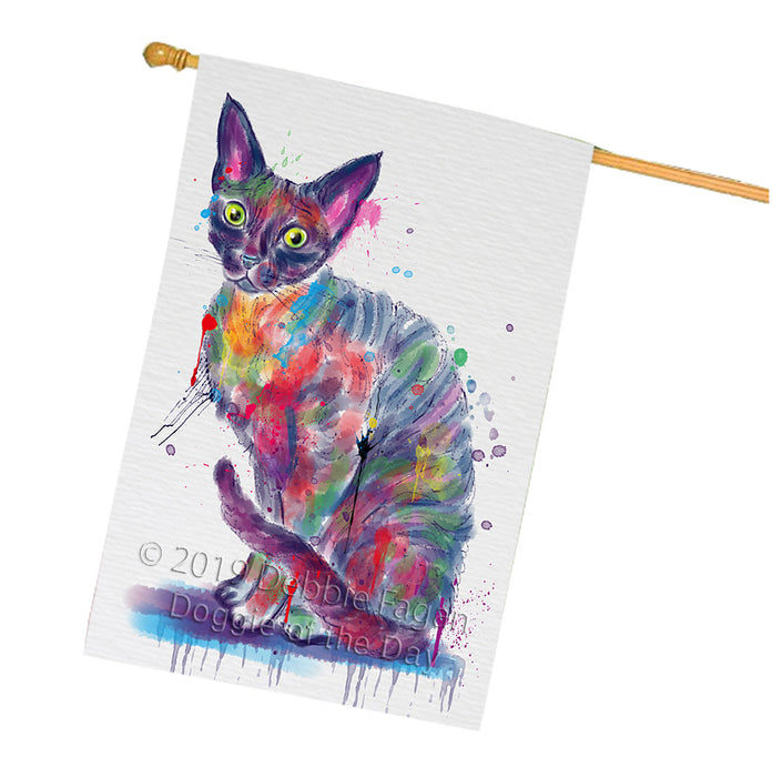 Watercolor Devon Rex Cat House Flag FLG66171