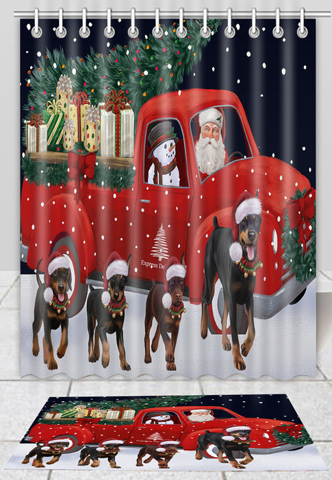 Christmas Express Delivery Red Truck Running Doberman Dogs Bath Mat and Shower Curtain Combo