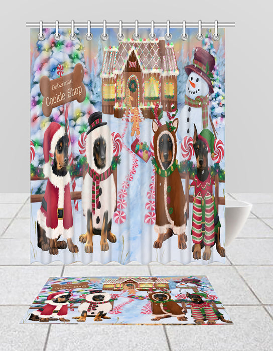 Holiday Gingerbread Cookie Doberman Dogs  Bath Mat and Shower Curtain Combo