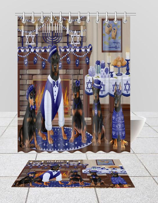 Happy Hanukkah Family Doberman Dogs Bath Mat and Shower Curtain Combo