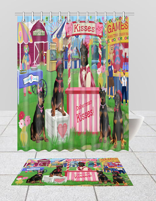 Carnival Kissing Booth Doberman Dogs  Bath Mat and Shower Curtain Combo