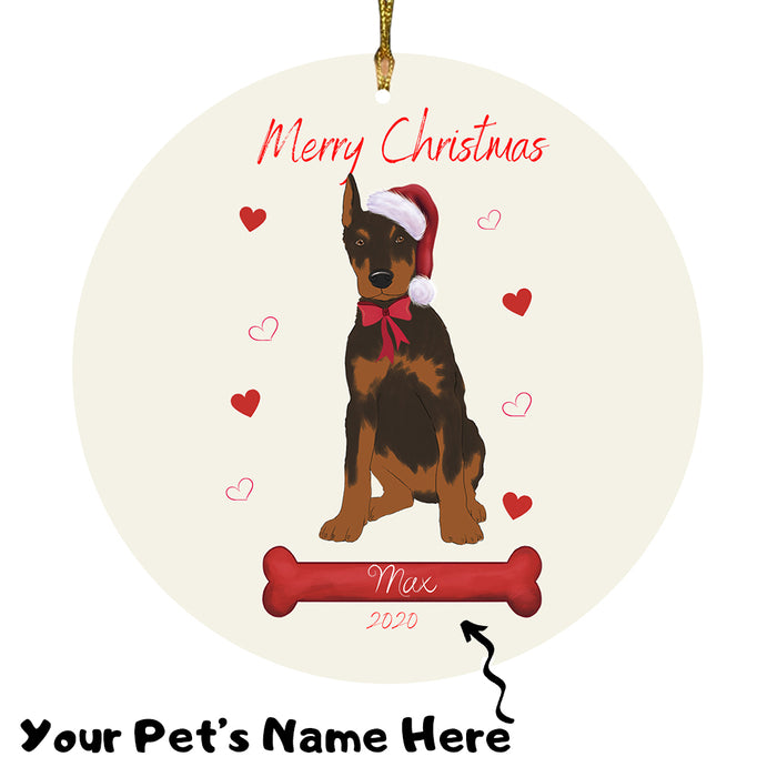 Personalized Merry Christmas  Doberman Dog Christmas Tree Round Flat Ornament RBPOR58954