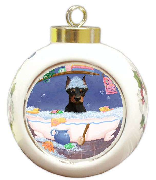 Rub A Dub Dog In A Tub Doberman Dog Round Ball Christmas Ornament RBPOR58589