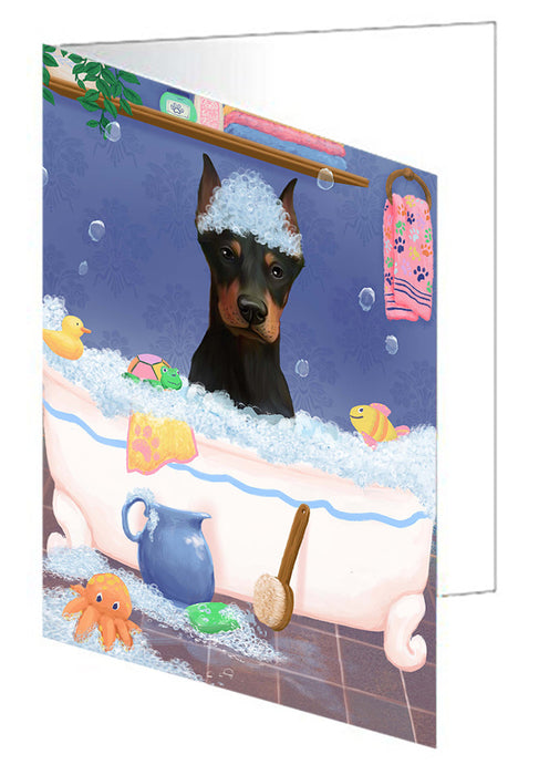 Rub A Dub Dog In A Tub Doberman Dog Handmade Artwork Assorted Pets Greeting Cards and Note Cards with Envelopes for All Occasions and Holiday Seasons GCD79409