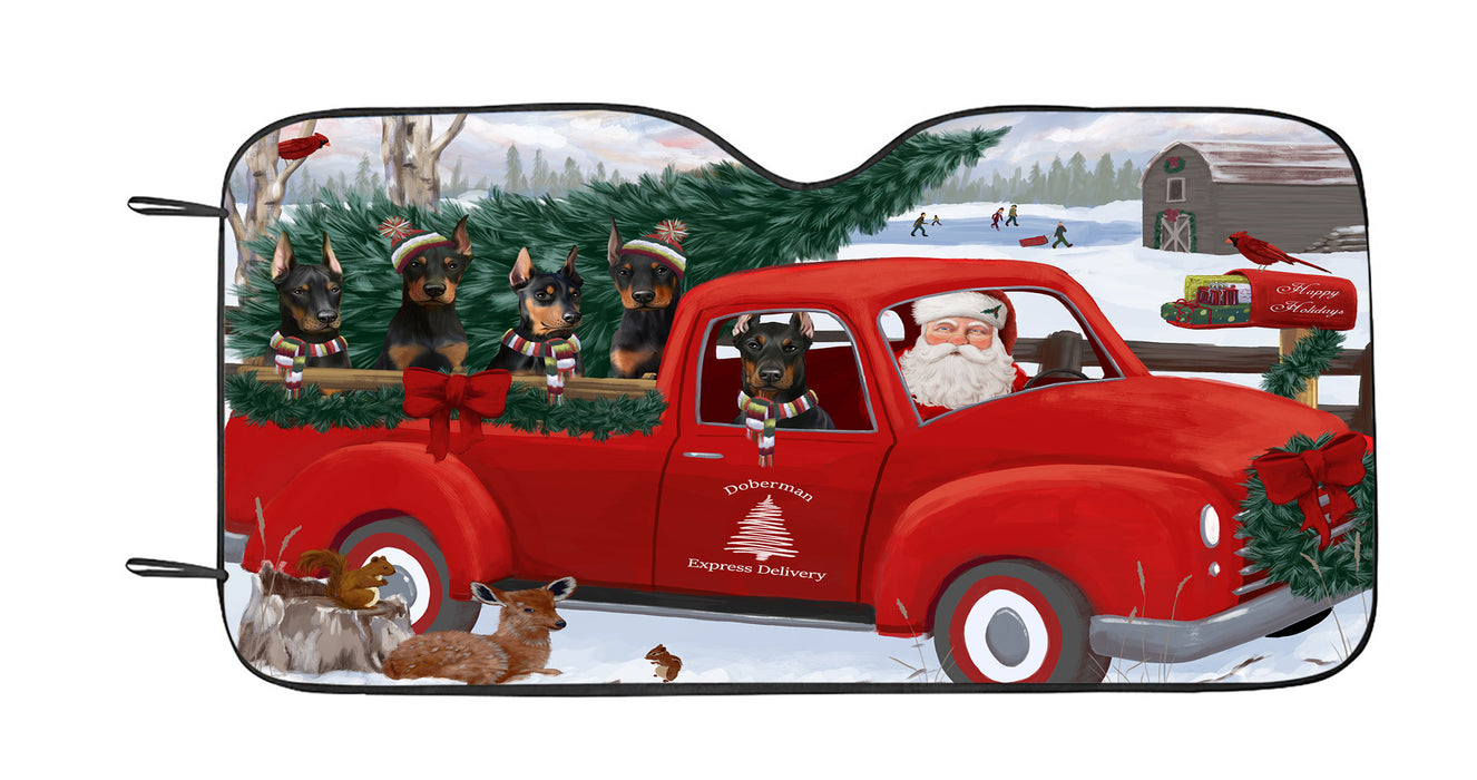 Christmas Santa Express Delivery Red Truck Doberman Dogs Car Sun Shade
