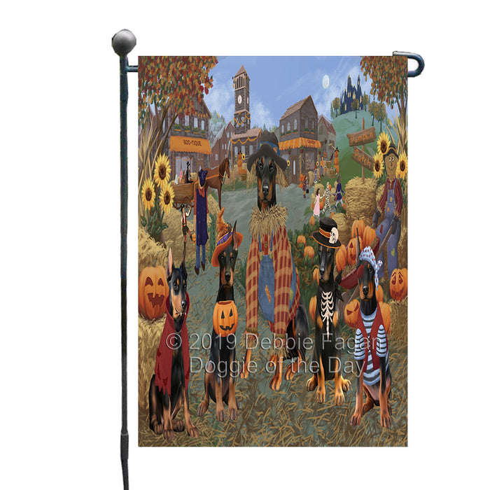 Halloween 'Round Town And Fall Pumpkin Scarecrow Both Doberman Dogs Garden Flag GFLG65594