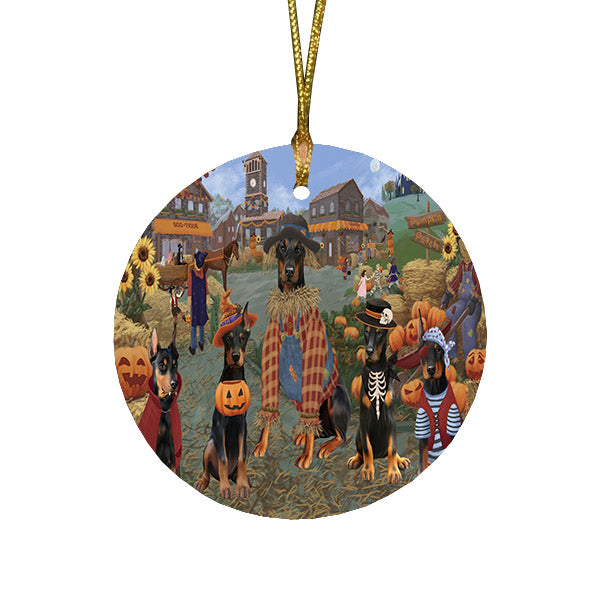 Halloween 'Round Town And Fall Pumpkin Scarecrow Both Doberman Dogs Round Flat Christmas Ornament RFPOR57398