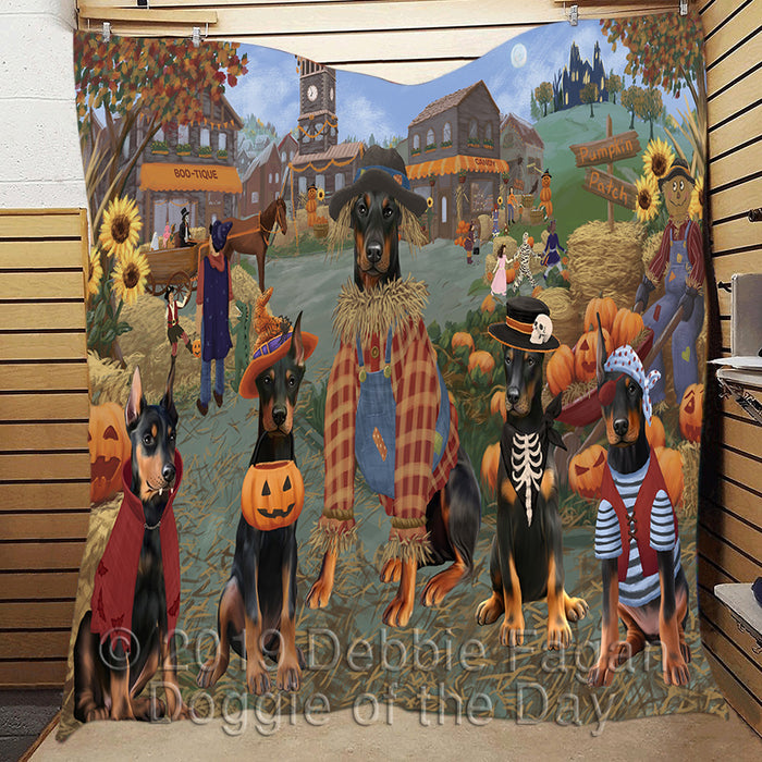 Halloween 'Round Town and Fall Pumpkin Scarecrow Both Doberman Dogs Quilt