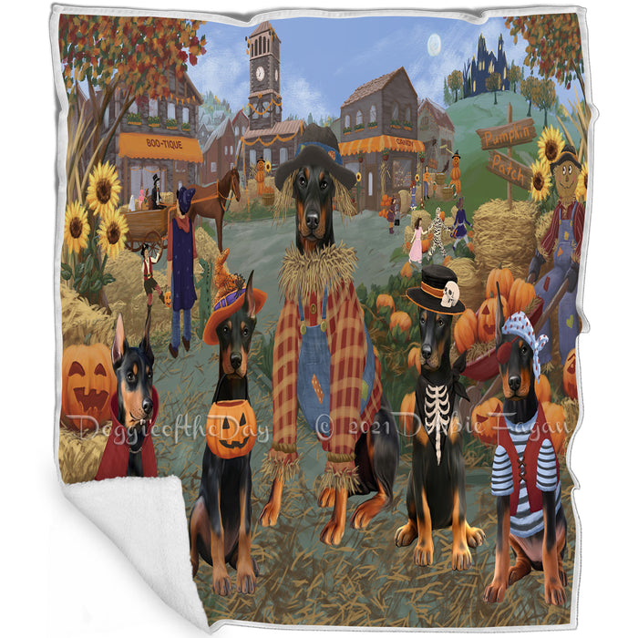 Halloween 'Round Town And Fall Pumpkin Scarecrow Both Doberman Dogs Blanket BLNKT138908