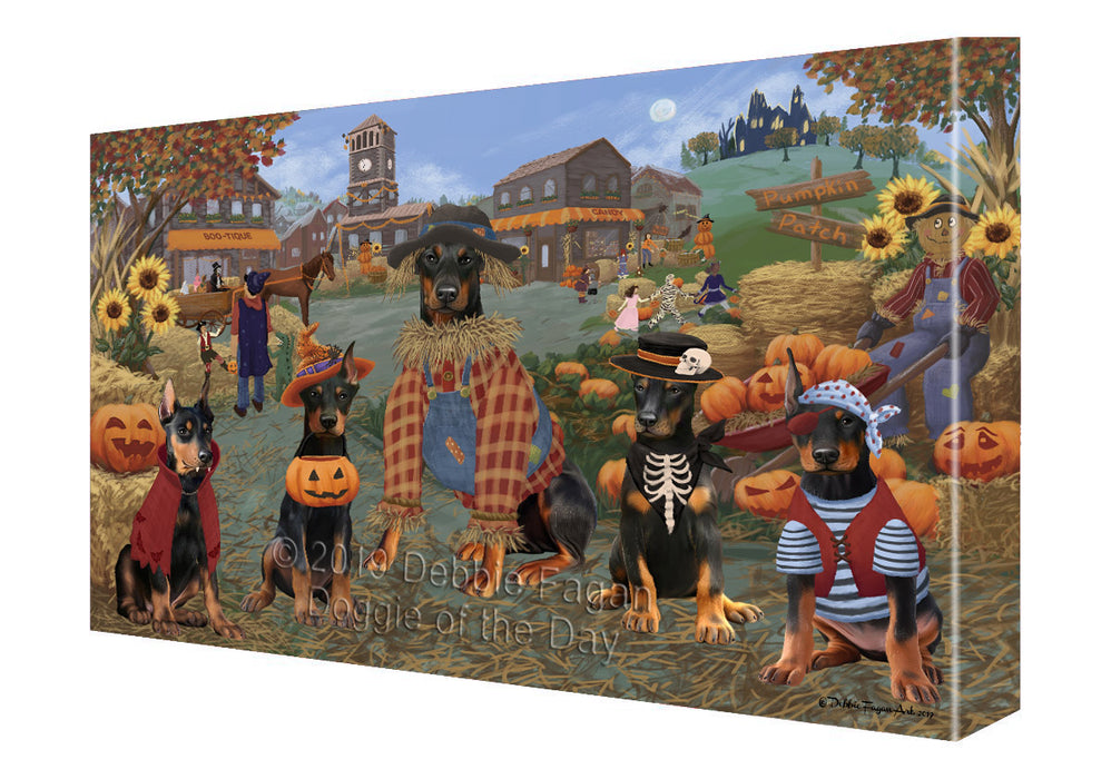 Halloween 'Round Town And Fall Pumpkin Scarecrow Both Doberman Dogs Canvas Print Wall Art Décor CVS139535