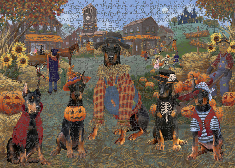 Halloween 'Round Town And Fall Pumpkin Scarecrow Both Doberman Dogs Puzzle with Photo Tin PUZL96284
