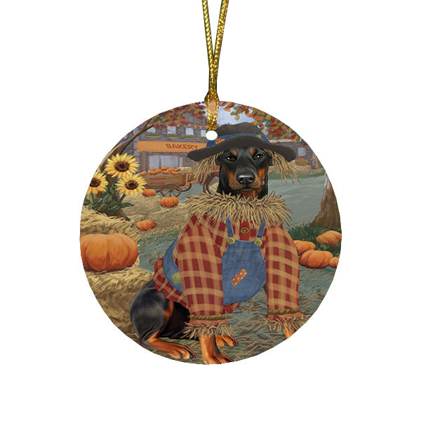 Halloween 'Round Town And Fall Pumpkin Scarecrow Both Doberman Dogs Round Flat Christmas Ornament RFPOR57460