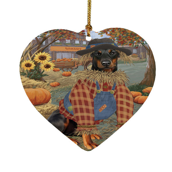 Fall Pumpkin Scarecrow Doberman Dogs Heart Christmas Ornament HPOR57556