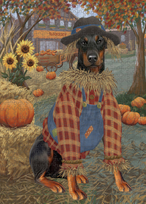 Halloween 'Round Town And Fall Pumpkin Scarecrow Both Doberman Dogs Puzzle with Photo Tin PUZL96532