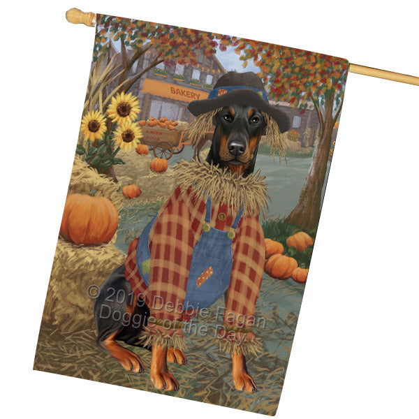 Halloween 'Round Town And Fall Pumpkin Scarecrow Both Doberman Dogs House Flag FLG65712