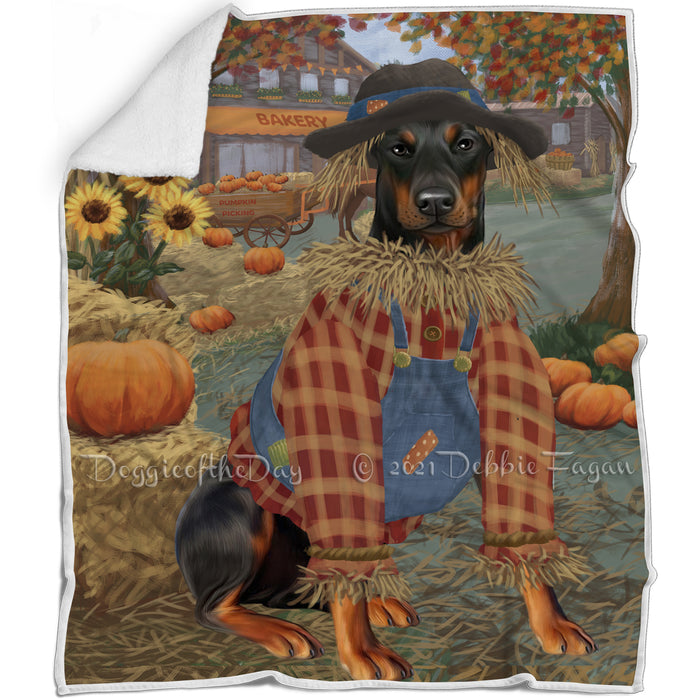 Halloween 'Round Town And Fall Pumpkin Scarecrow Both Doberman Dogs Blanket BLNKT139466