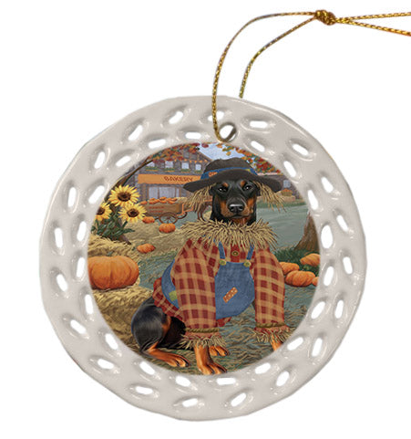 Fall Pumpkin Scarecrow Doberman Dogs Ceramic Doily Ornament DPOR57556