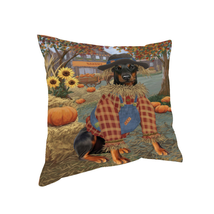 Halloween 'Round Town And Fall Pumpkin Scarecrow Both Doberman Dogs Pillow PIL82624