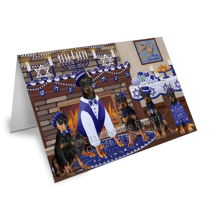 Happy Hanukkah Family Doberman Dogs Handmade Artwork Assorted Pets Greeting Cards and Note Cards with Envelopes for All Occasions and Holiday Seasons GCD78197
