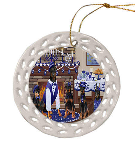 Happy Hanukkah Family Doberman Dogs Ceramic Doily Ornament DPOR57617