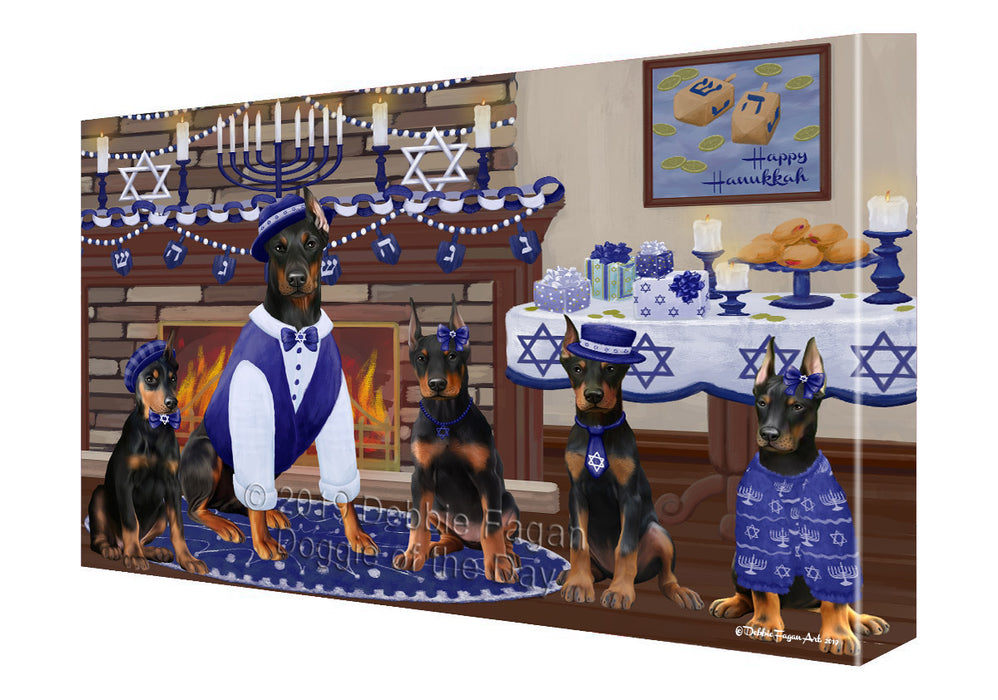 Happy Hanukkah Family and Happy Hanukkah Both Doberman Dogs Canvas Print Wall Art Décor CVS141146
