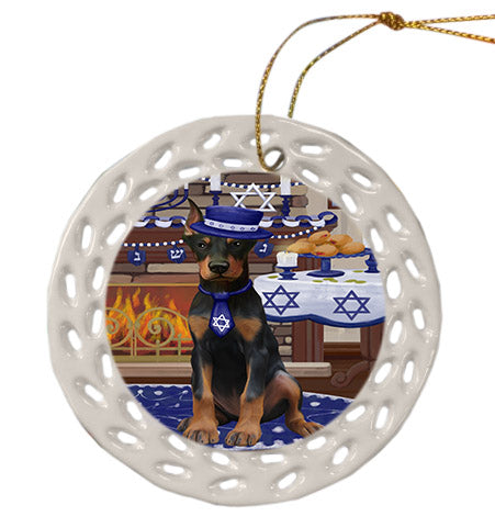 Happy Hanukkah Doberman Dog Ceramic Doily Ornament DPOR57673