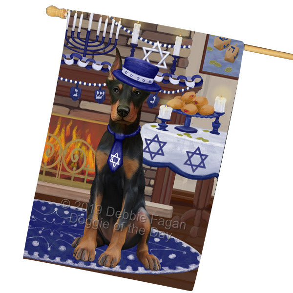 Happy Hanukkah Family and Happy Hanukkah Both Doberman Dog House Flag FLG65773