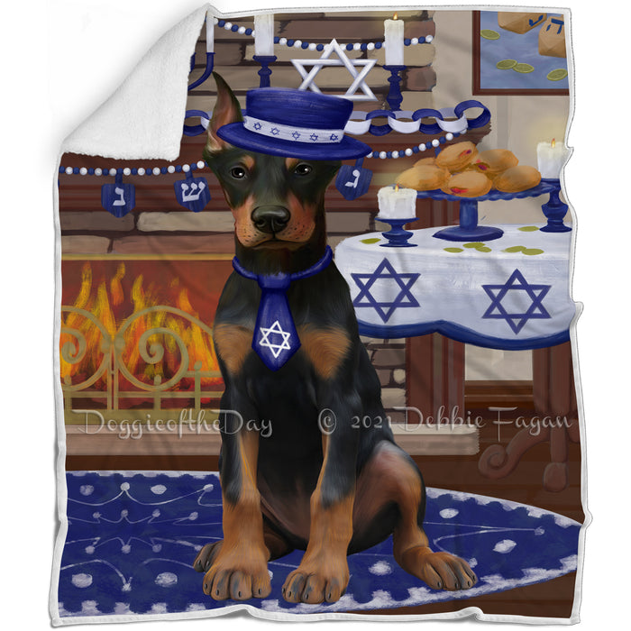 Happy Hanukkah Family and Happy Hanukkah Both Doberman Dog Blanket BLNKT140015
