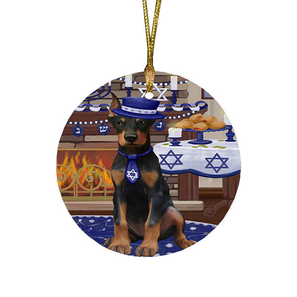 Happy Hanukkah Family and Happy Hanukkah Both Doberman Dog Round Flat Christmas Ornament RFPOR57577
