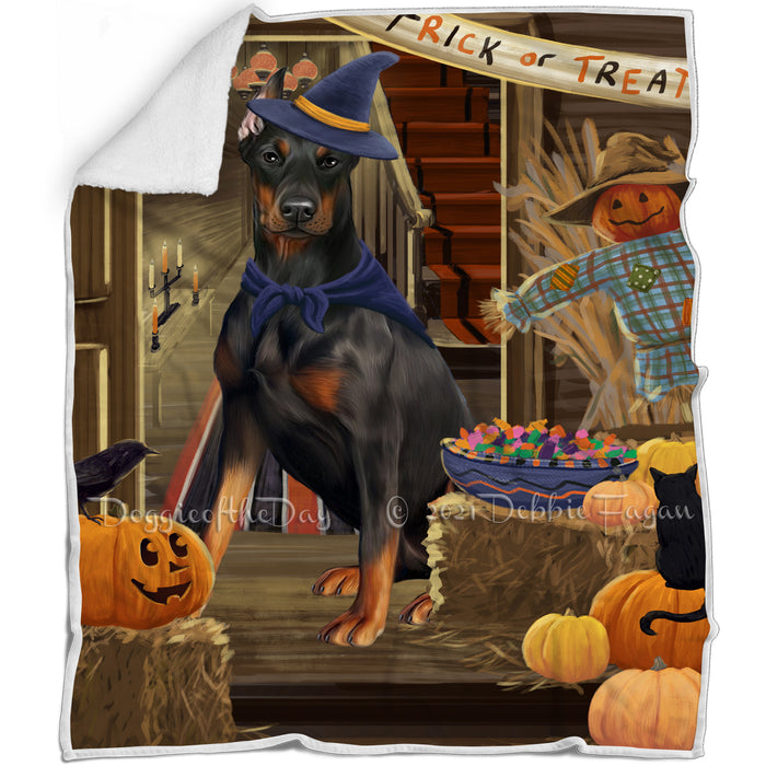 Enter at Own Risk Trick or Treat Halloween Doberman Pinscher Dog Blanket BLNKT95376