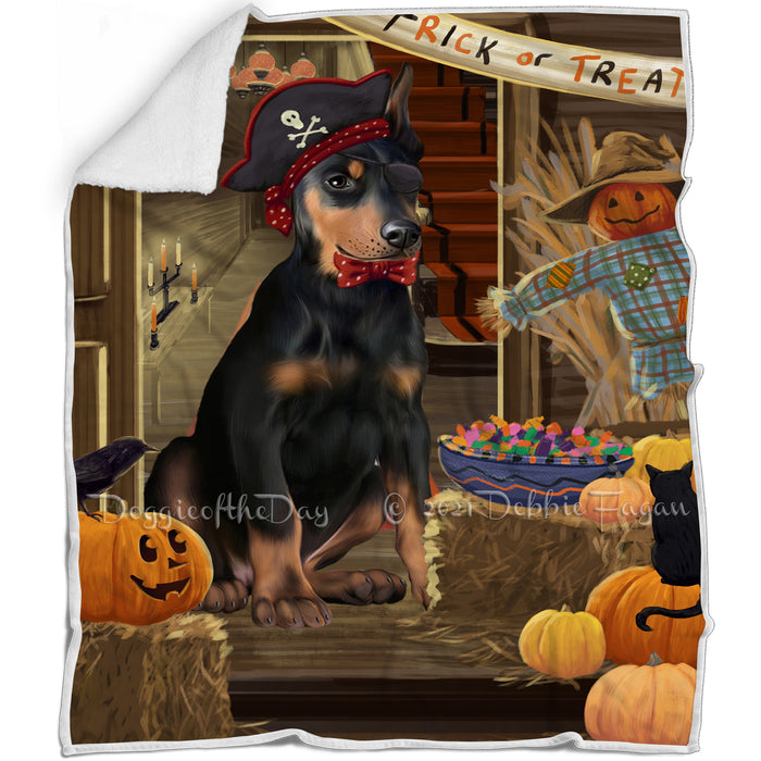 Enter at Own Risk Trick or Treat Halloween Doberman Pinscher Dog Blanket BLNKT95385