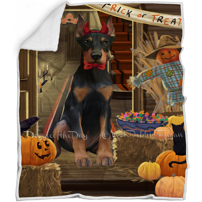 Enter at Own Risk Trick or Treat Halloween Doberman Pinscher Dog Blanket BLNKT95394