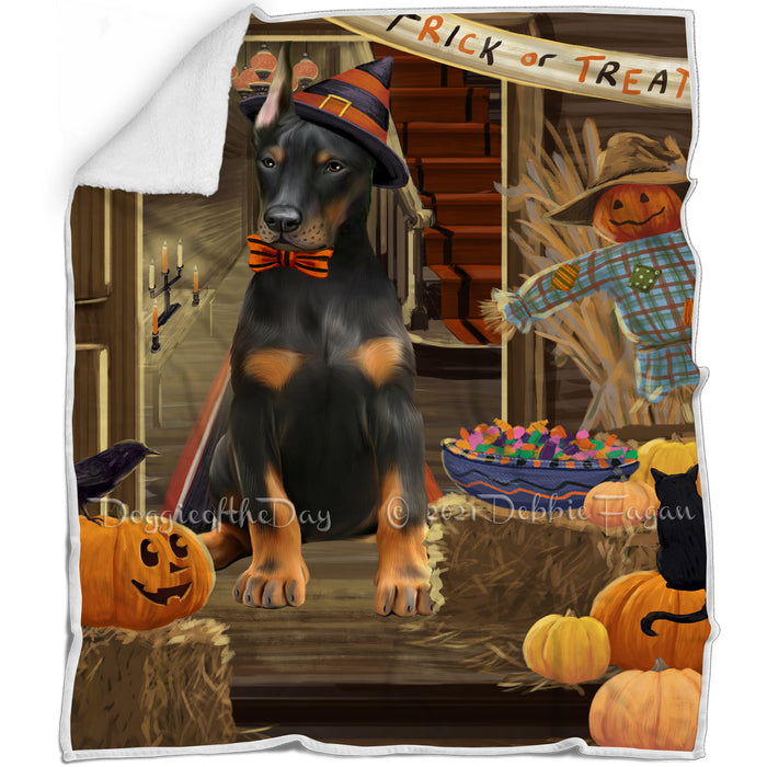 Enter at Own Risk Trick or Treat Halloween Doberman Pinscher Dog Blanket BLNKT95403